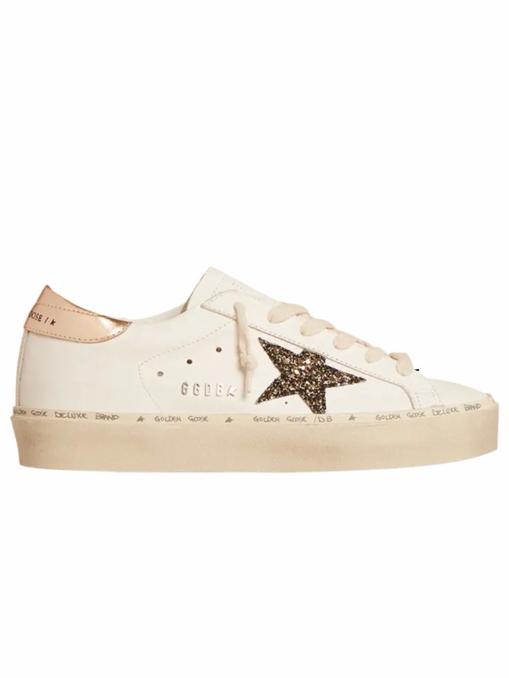 Golden Goose White Leather Sneakers with Gold Glitter Star and Rose Gold Heel